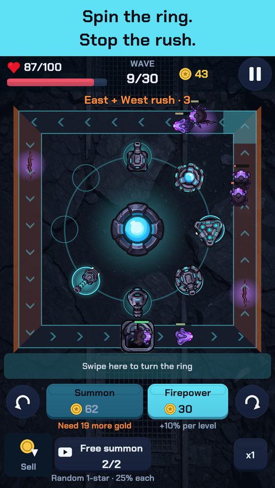 A rush alert on the east and west sides while turrets ring the core